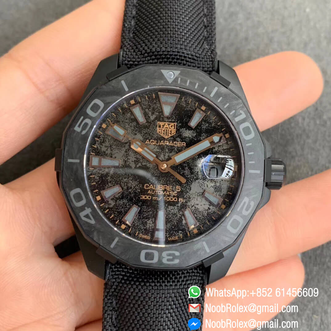 TBF Best Replica Tag Heuer Aquaracer Calibre 5 DLC Titanium Case Rose Gold Stick Markers Carbon Dial on Nylon Strap A2824 01