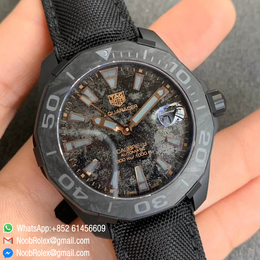 TBF Best Replica Tag Heuer Aquaracer Calibre 5 DLC Titanium Case Rose Gold Stick Markers Carbon Dial on Nylon Strap A2824 02