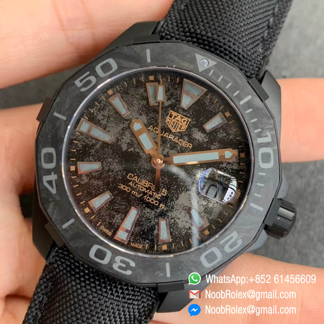 TBF Best Replica Tag Heuer Aquaracer Calibre 5 DLC Titanium Case Rose Gold Stick Markers Carbon Dial on Nylon Strap A2824 03