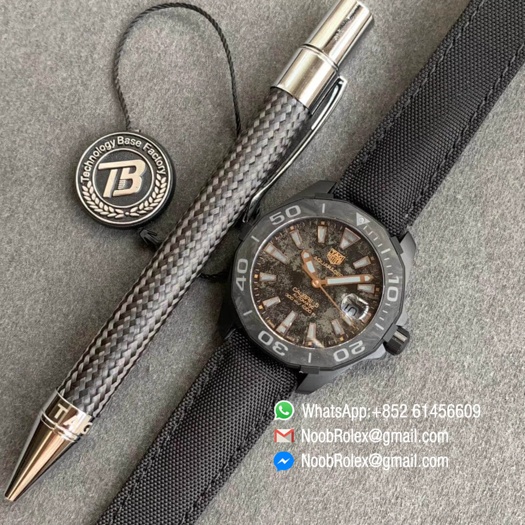 TBF Best Replica Tag Heuer Aquaracer Calibre 5 DLC Titanium Case Rose Gold Stick Markers Carbon Dial on Nylon Strap A2824 09