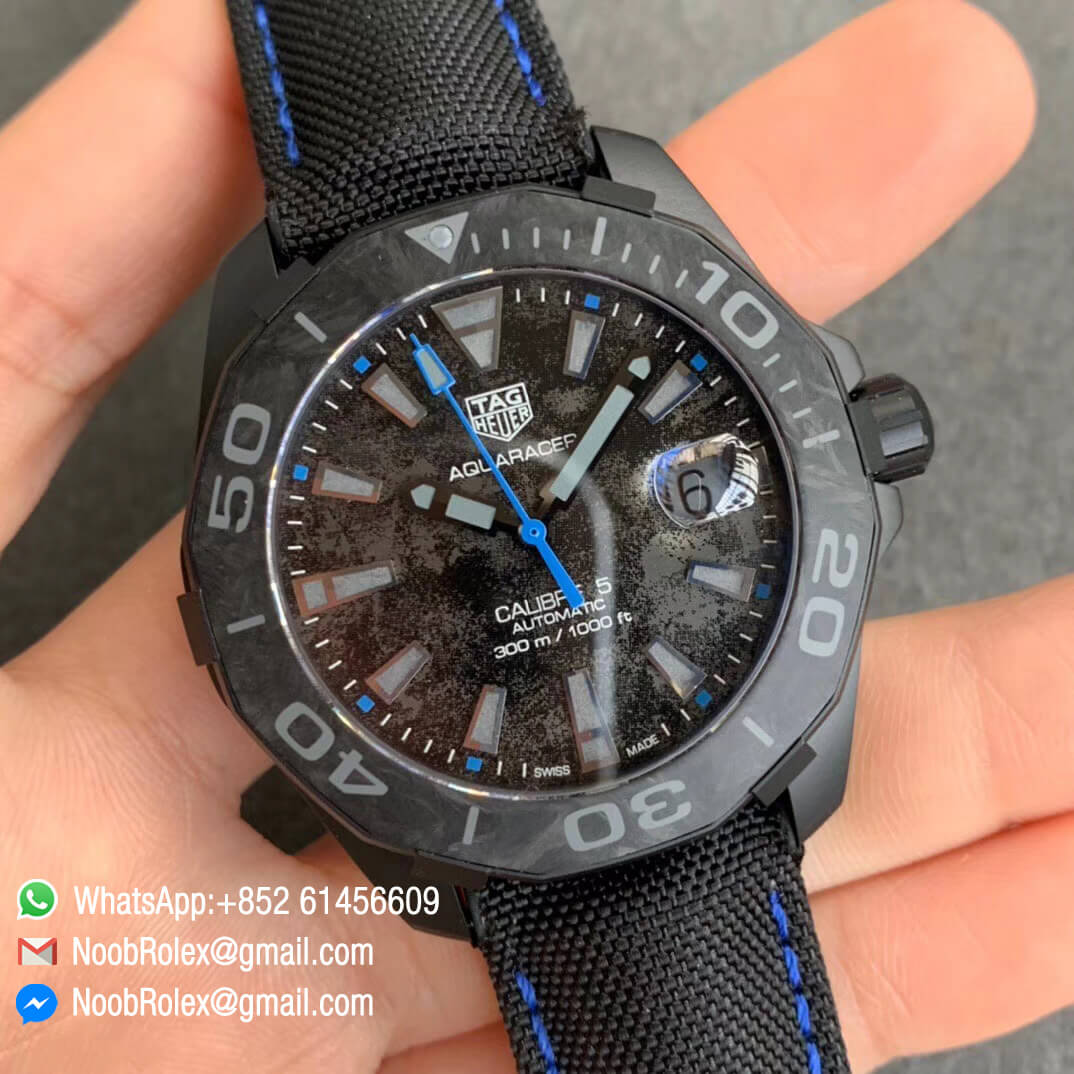 TBF Top Clone Tag Heuer Aquaracer Calibre 5 DLC Titanium Case Blue Markers Carbon Dial on Nylon Strap A2824 02
