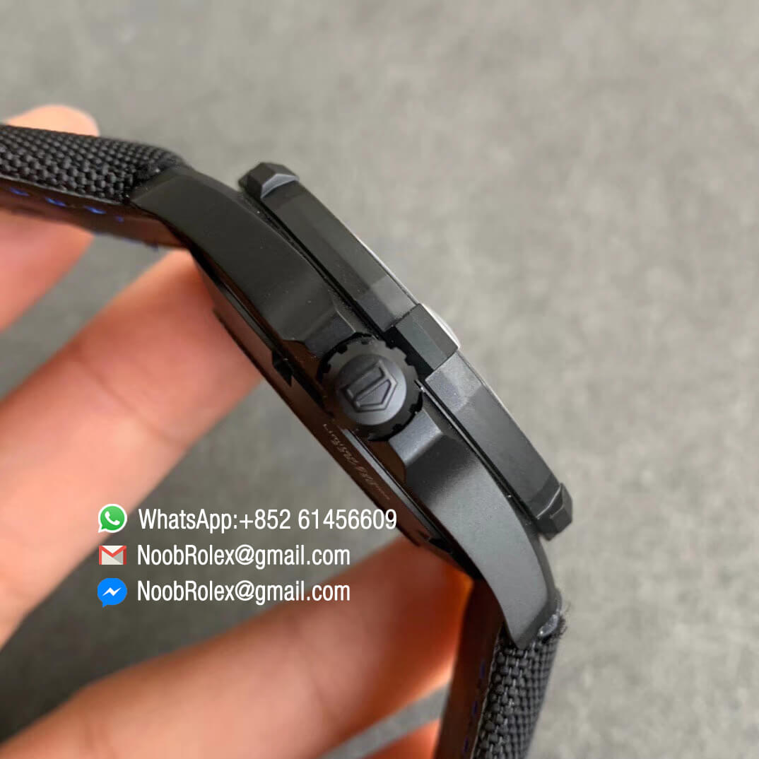 TBF Top Clone Tag Heuer Aquaracer Calibre 5 DLC Titanium Case Blue Markers Carbon Dial on Nylon Strap A2824 04