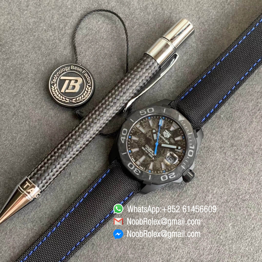 TBF Top Clone Tag Heuer Aquaracer Calibre 5 DLC Titanium Case Blue Markers Carbon Dial on Nylon Strap A2824 09