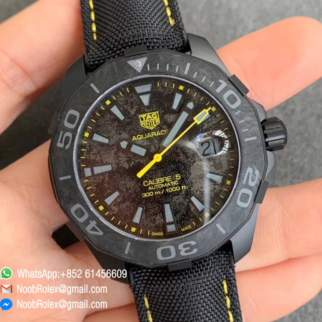 TBF Top Clone Tag Heuer Aquaracer Calibre 5 DLC Titanium Case Yellow Markers Carbon Dial on Nylon Strap A2824 02