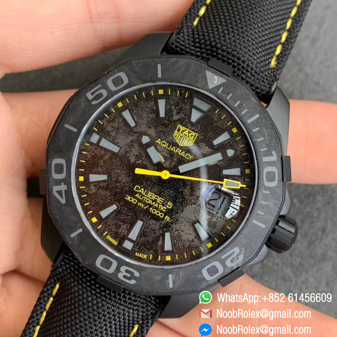 TBF Top Clone Tag Heuer Aquaracer Calibre 5 DLC Titanium Case Yellow Markers Carbon Dial on Nylon Strap A2824 03