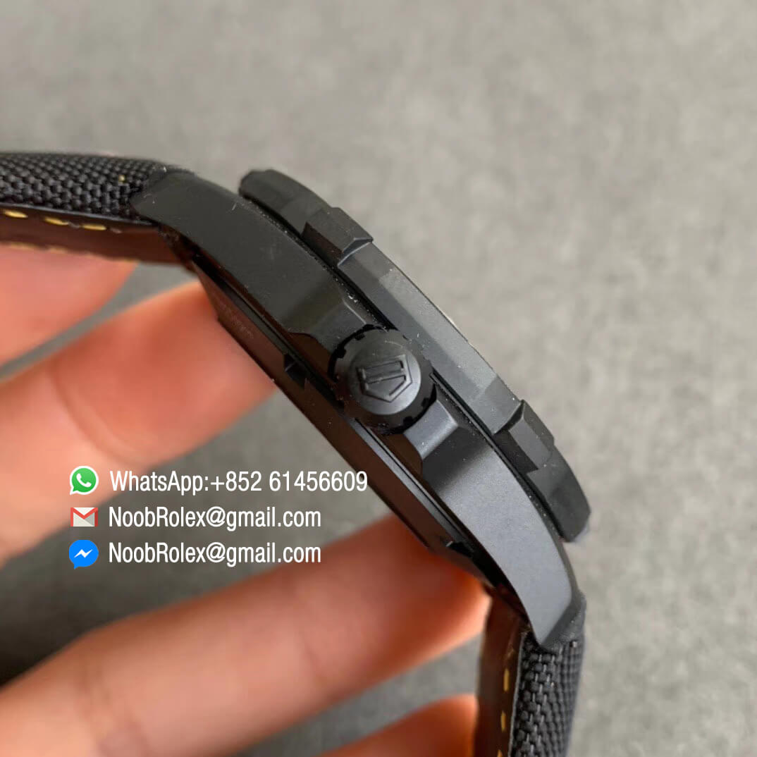 TBF Top Clone Tag Heuer Aquaracer Calibre 5 DLC Titanium Case Yellow Markers Carbon Dial on Nylon Strap A2824 04