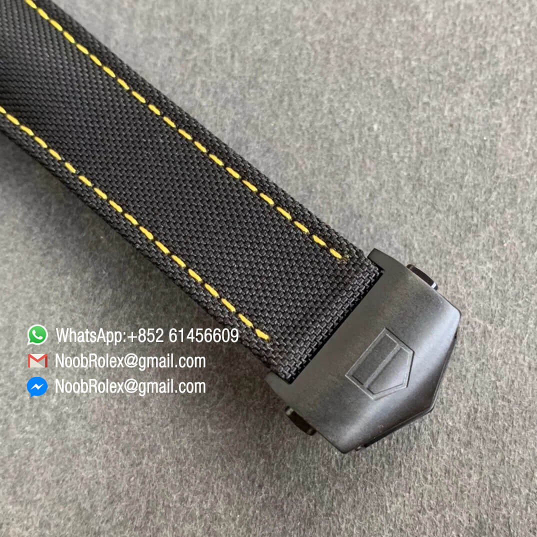 TBF Top Clone Tag Heuer Aquaracer Calibre 5 DLC Titanium Case Yellow Markers Carbon Dial on Nylon Strap A2824 06