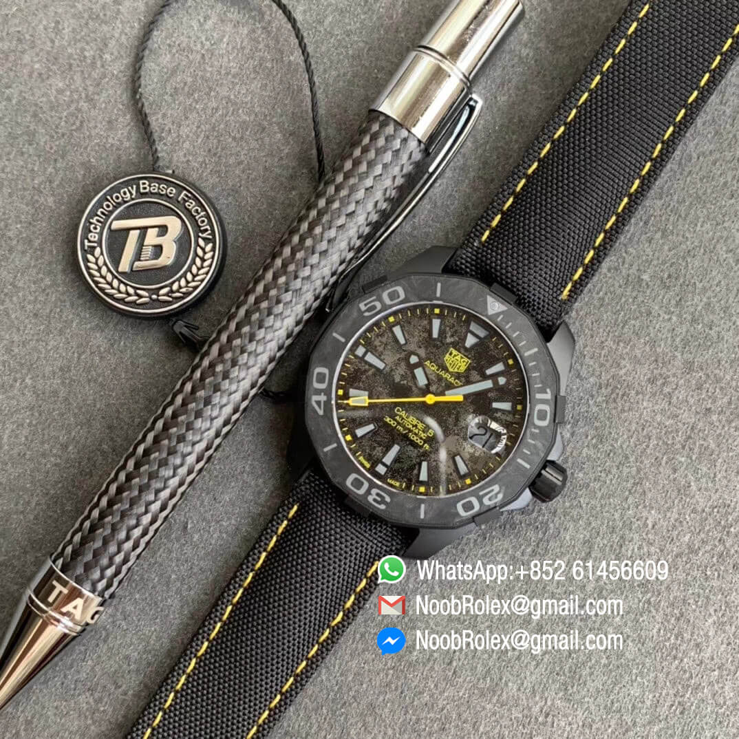 TBF Top Clone Tag Heuer Aquaracer Calibre 5 DLC Titanium Case Yellow Markers Carbon Dial on Nylon Strap A2824 09