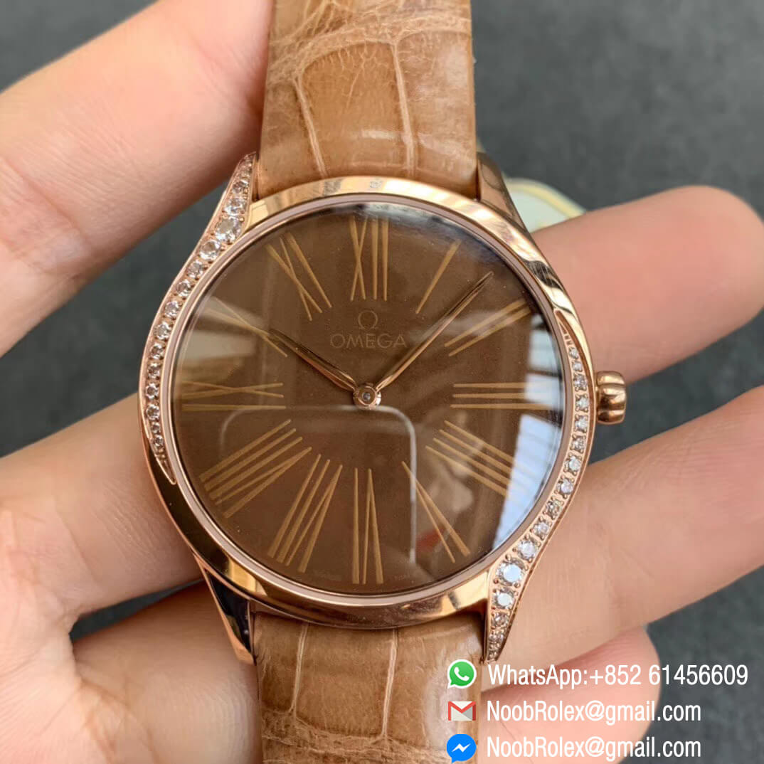 Top Clone Omega De Vile Tresor Ladies Watch 36mm Plated Rose Gold Case with Diamonds Brown Dial Swiss Quartz Movement Brown Croco Strap 01
