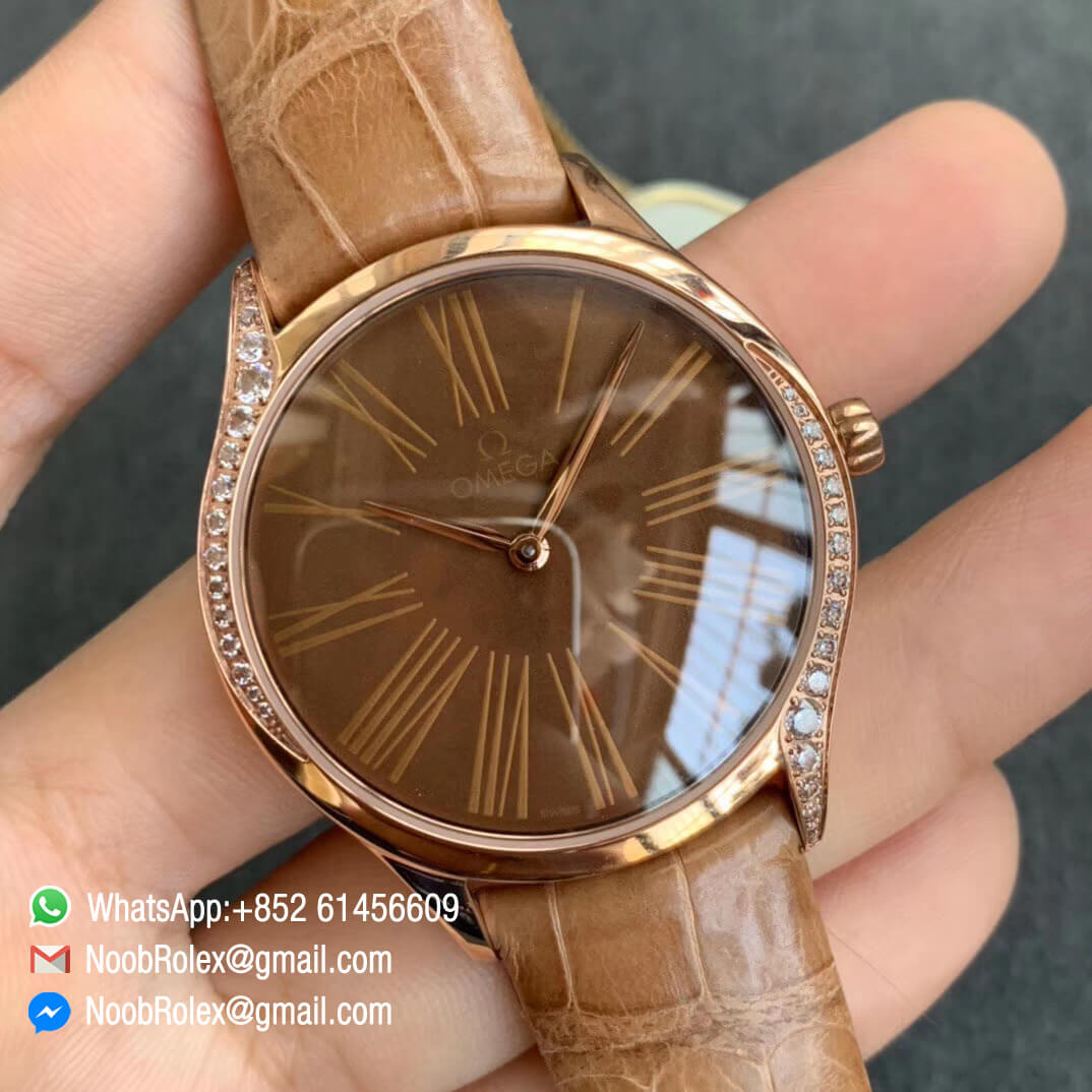 Top Clone Omega De Vile Tresor Ladies Watch 36mm Plated Rose Gold Case with Diamonds Brown Dial Swiss Quartz Movement Brown Croco Strap 02