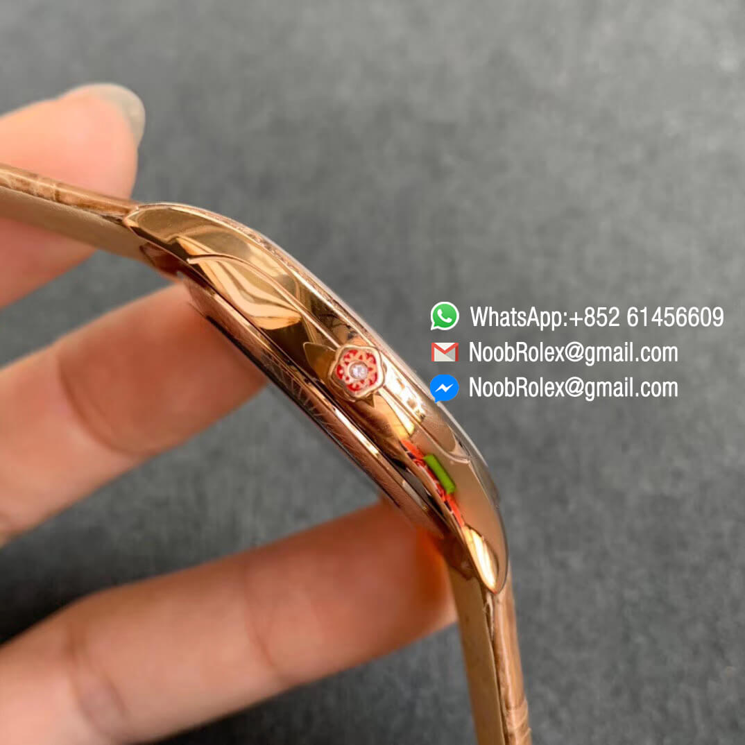 Top Clone Omega De Vile Tresor Ladies Watch 36mm Plated Rose Gold Case with Diamonds Brown Dial Swiss Quartz Movement Brown Croco Strap 04