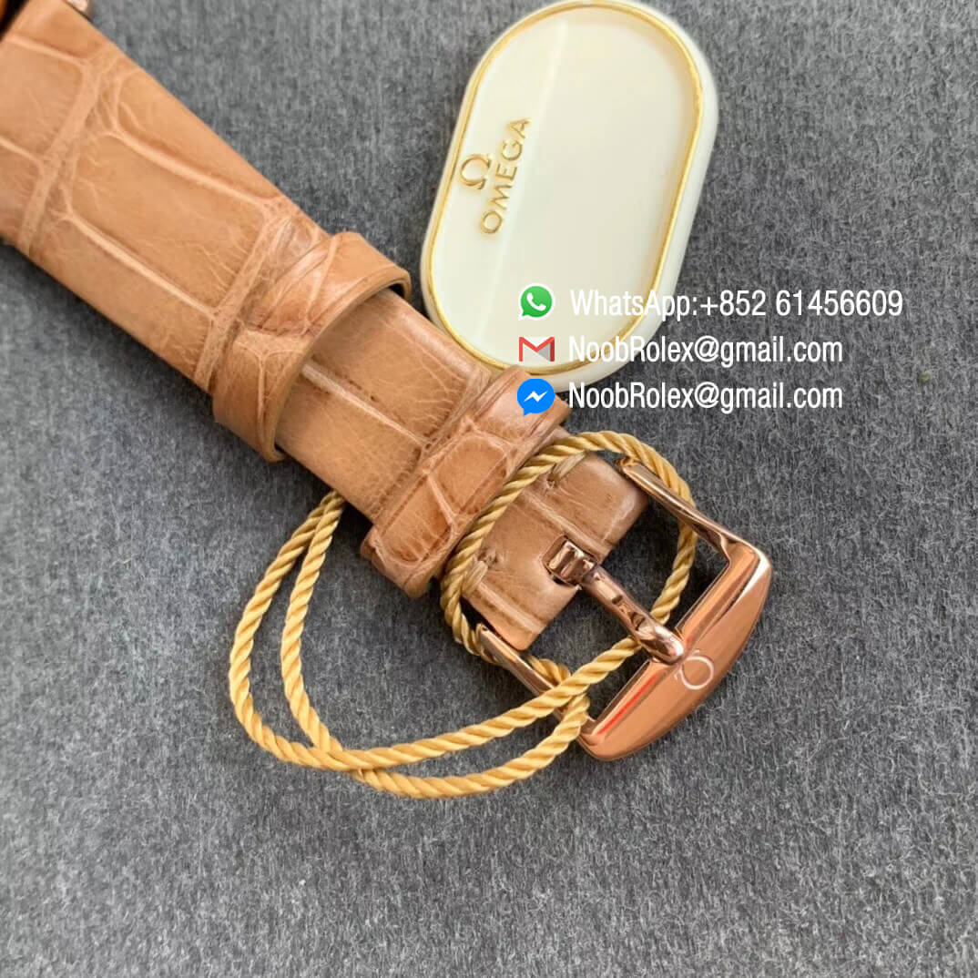 Top Clone Omega De Vile Tresor Ladies Watch 36mm Plated Rose Gold Case with Diamonds Brown Dial Swiss Quartz Movement Brown Croco Strap 06