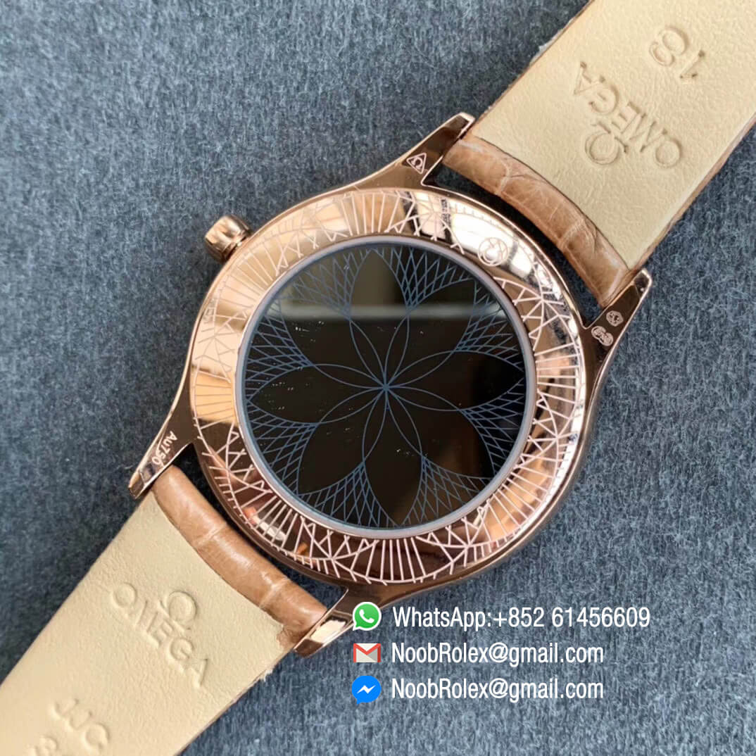 Top Clone Omega De Vile Tresor Ladies Watch 36mm Plated Rose Gold Case with Diamonds Brown Dial Swiss Quartz Movement Brown Croco Strap 08