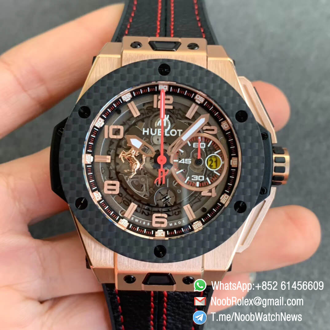 Big Bang Ferrari Unico Rose Gold Case Carbon Fiber Bezel V6F Best Edition Skeleton Dial on Black Gummy Strap HUB1288 01
