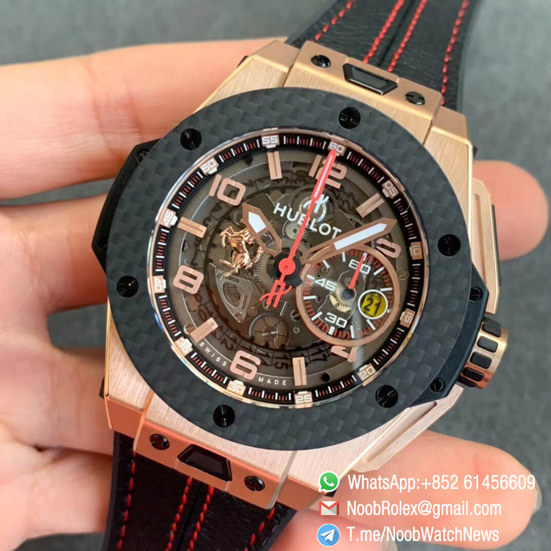 Big Bang Ferrari Unico Rose Gold Case Carbon Fiber Bezel V6F Best Edition Skeleton Dial on Black Gummy Strap HUB1288 03