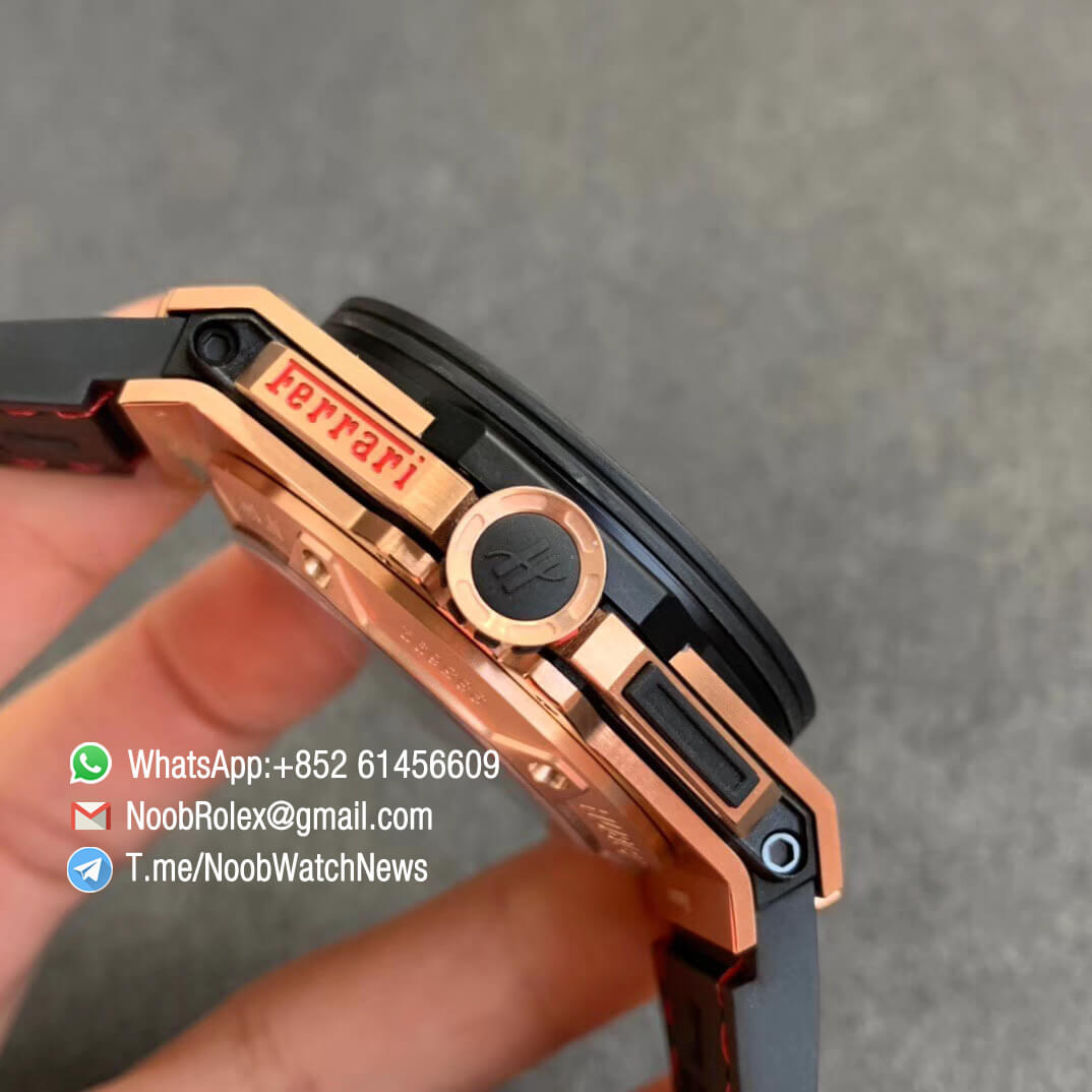 Big Bang Ferrari Unico Rose Gold Case Carbon Fiber Bezel V6F Best Edition Skeleton Dial on Black Gummy Strap HUB1288 04