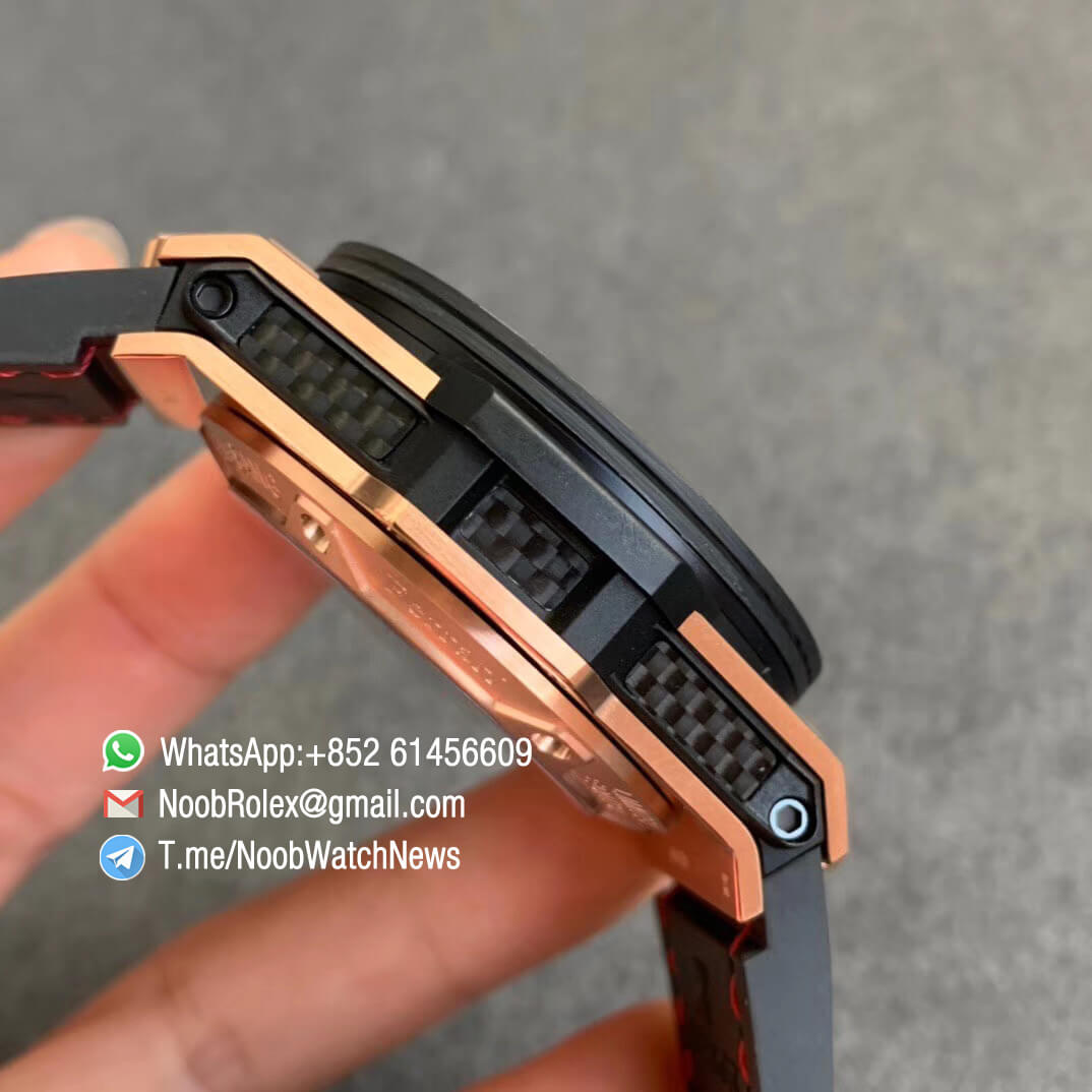 Big Bang Ferrari Unico Rose Gold Case Carbon Fiber Bezel V6F Best Edition Skeleton Dial on Black Gummy Strap HUB1288 05