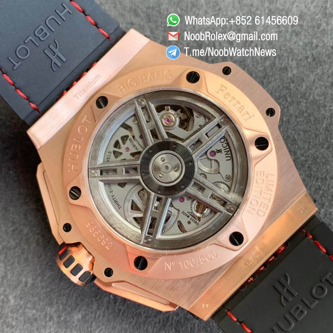 Big Bang Ferrari Unico Rose Gold Case Carbon Fiber Bezel V6F Best Edition Skeleton Dial on Black Gummy Strap HUB1288 08