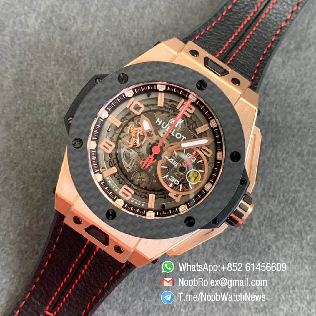 Big Bang Ferrari Unico Rose Gold Case Carbon Fiber Bezel V6F Best Edition Skeleton Dial on Black Gummy Strap HUB1288 09