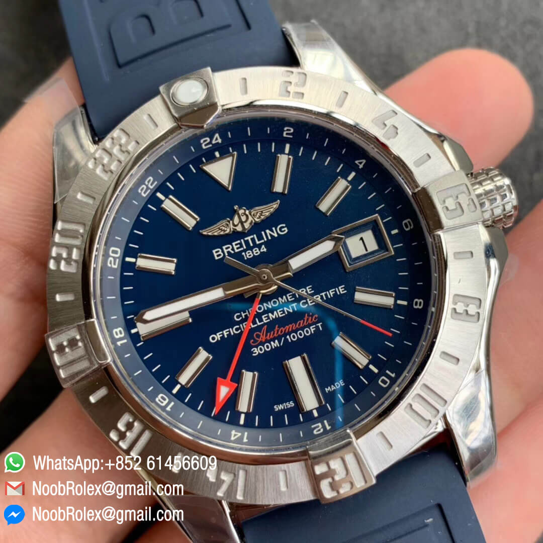 GF Top Quality Avenger GMT Steel Case Blue Dial Stick Markers on Blue Rubber Strap A2836 V2 02