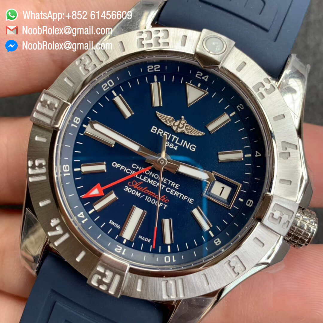 GF Top Quality Avenger GMT Steel Case Blue Dial Stick Markers on Blue Rubber Strap A2836 V2 03