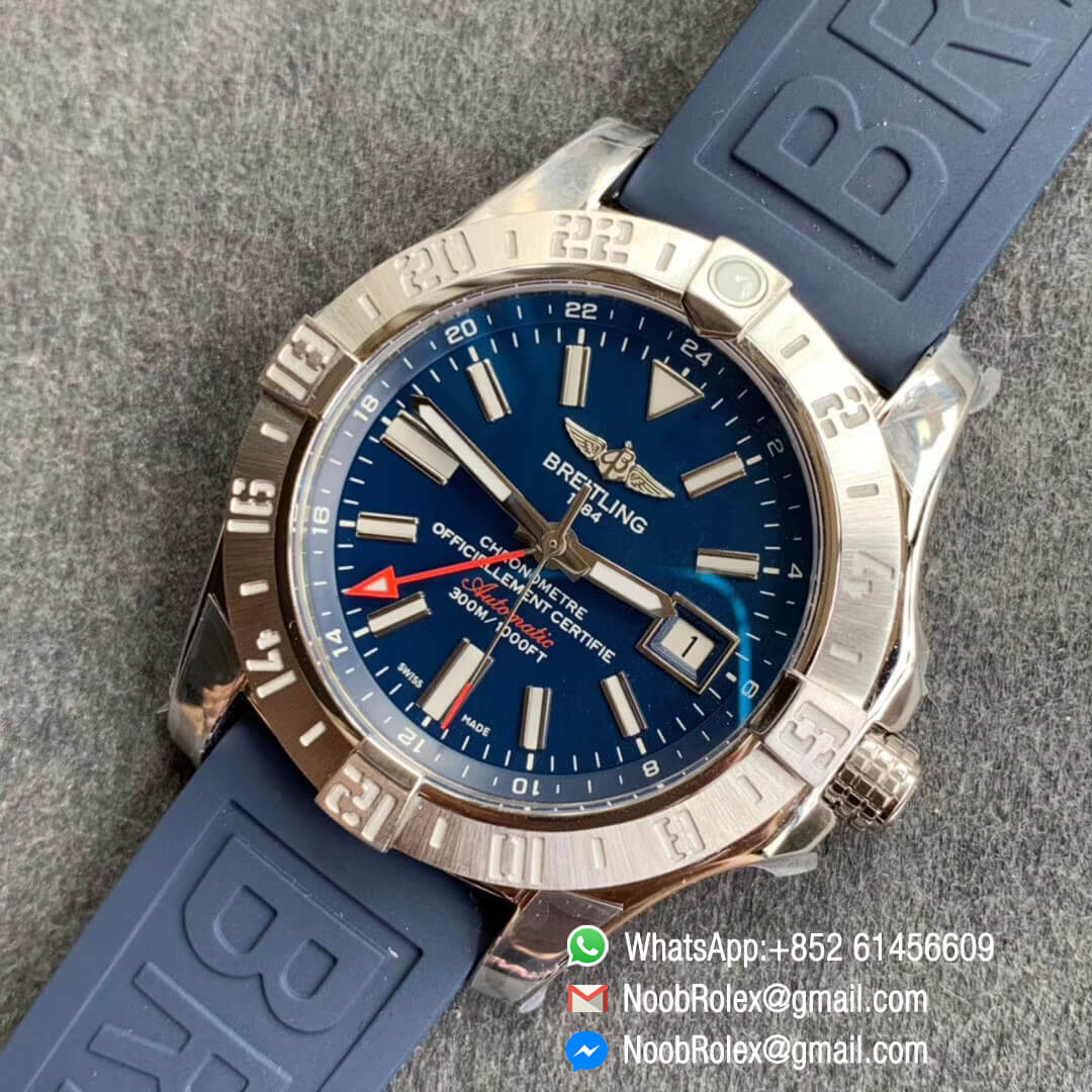 GF Top Quality Avenger GMT Steel Case Blue Dial Stick Markers on Blue Rubber Strap A2836 V2 09