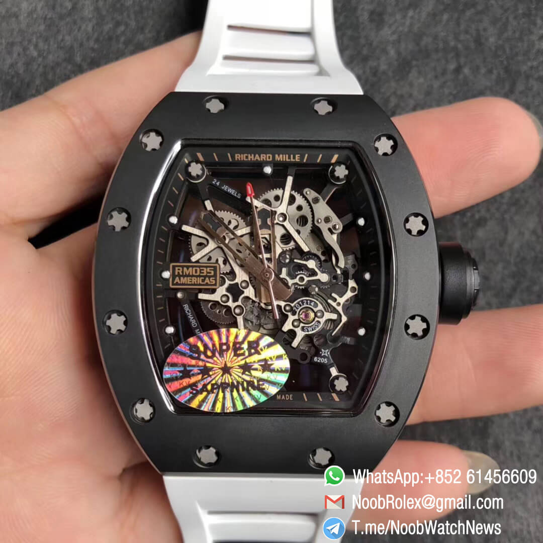 KV Factory Best RepWatch RM035 Americas Skeletonal Dial Full Black Ceramic Case Black RG TZP 896 White Rubber Strap 01
