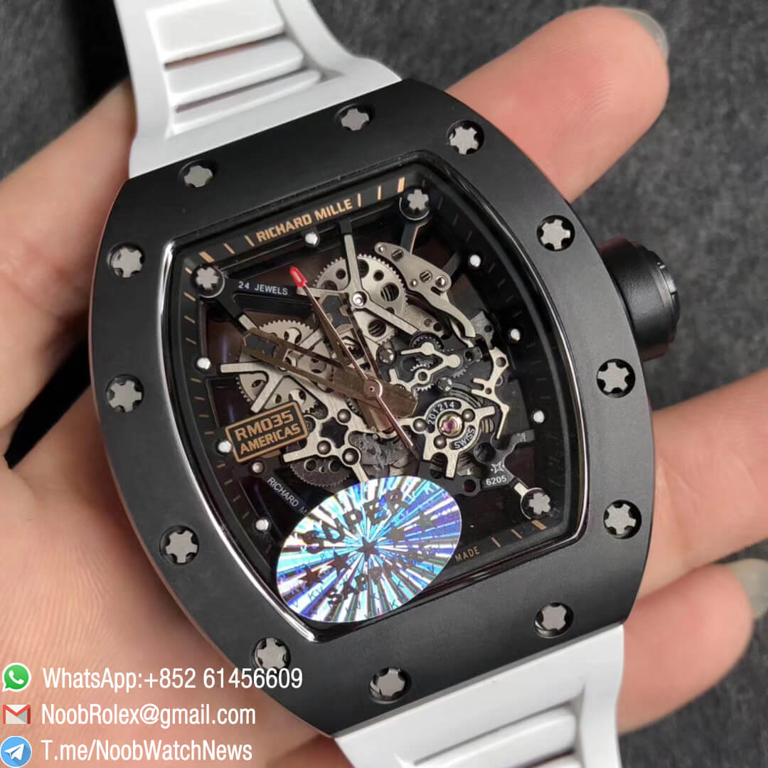 KV Factory Best RepWatch RM035 Americas Skeletonal Dial Full Black Ceramic Case Black RG TZP 896 White Rubber Strap 02