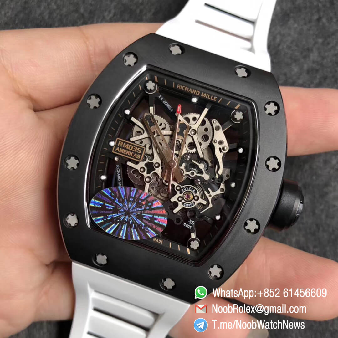 KV Factory Best RepWatch RM035 Americas Skeletonal Dial Full Black Ceramic Case Black RG TZP 896 White Rubber Strap 03