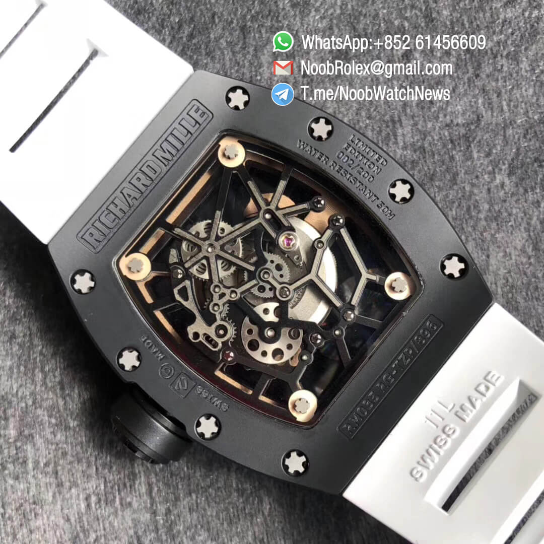 KV Factory Best RepWatch RM035 Americas Skeletonal Dial Full Black Ceramic Case Black RG TZP 896 White Rubber Strap 08