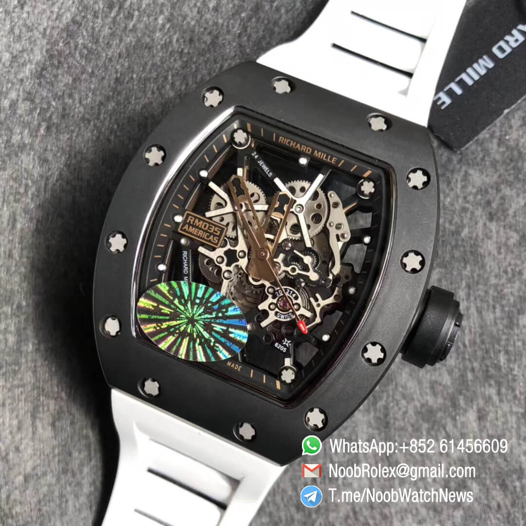 KV Factory Best RepWatch RM035 Americas Skeletonal Dial Full Black Ceramic Case Black RG TZP 896 White Rubber Strap 09