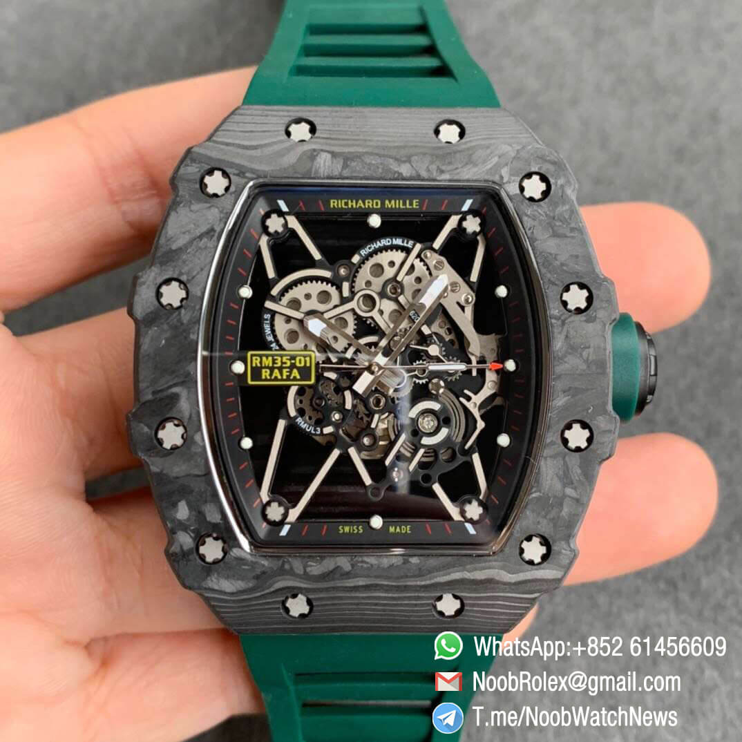 KV Factory V3 RM35 01 RAFA PVD Titanium Case Forge Carbon Caseback Skeleton Dial Green Crown Green Rubber Strap MIYOTA8215 01