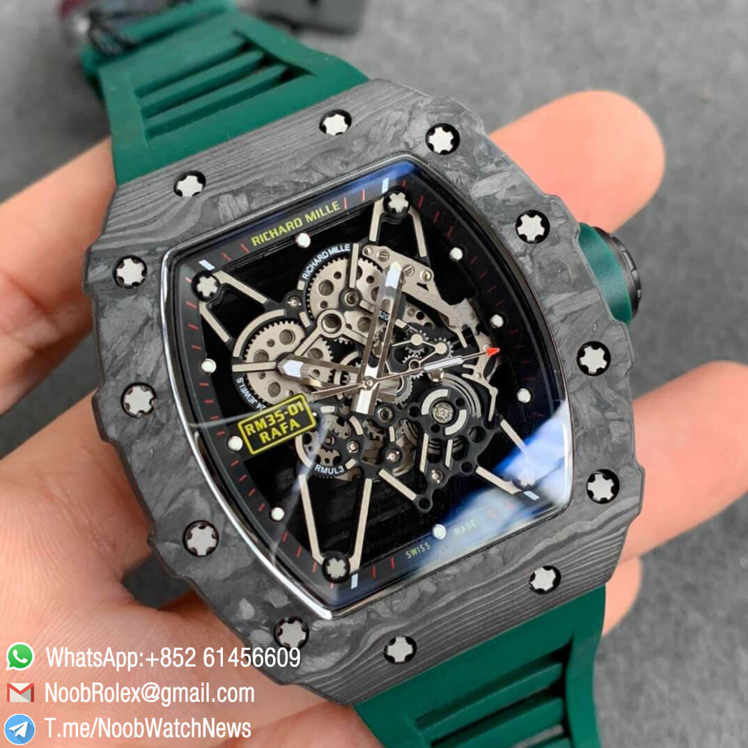 KV Factory V3 RM35 01 RAFA PVD Titanium Case Forge Carbon Caseback Skeleton Dial Green Crown Green Rubber Strap MIYOTA8215 02