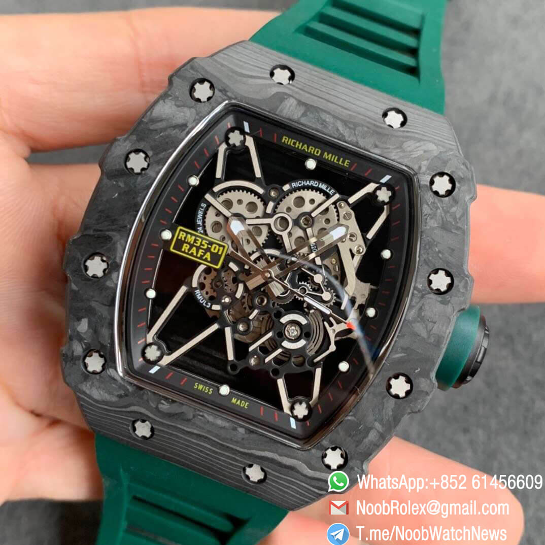 KV Factory V3 RM35 01 RAFA PVD Titanium Case Forge Carbon Caseback Skeleton Dial Green Crown Green Rubber Strap MIYOTA8215 03