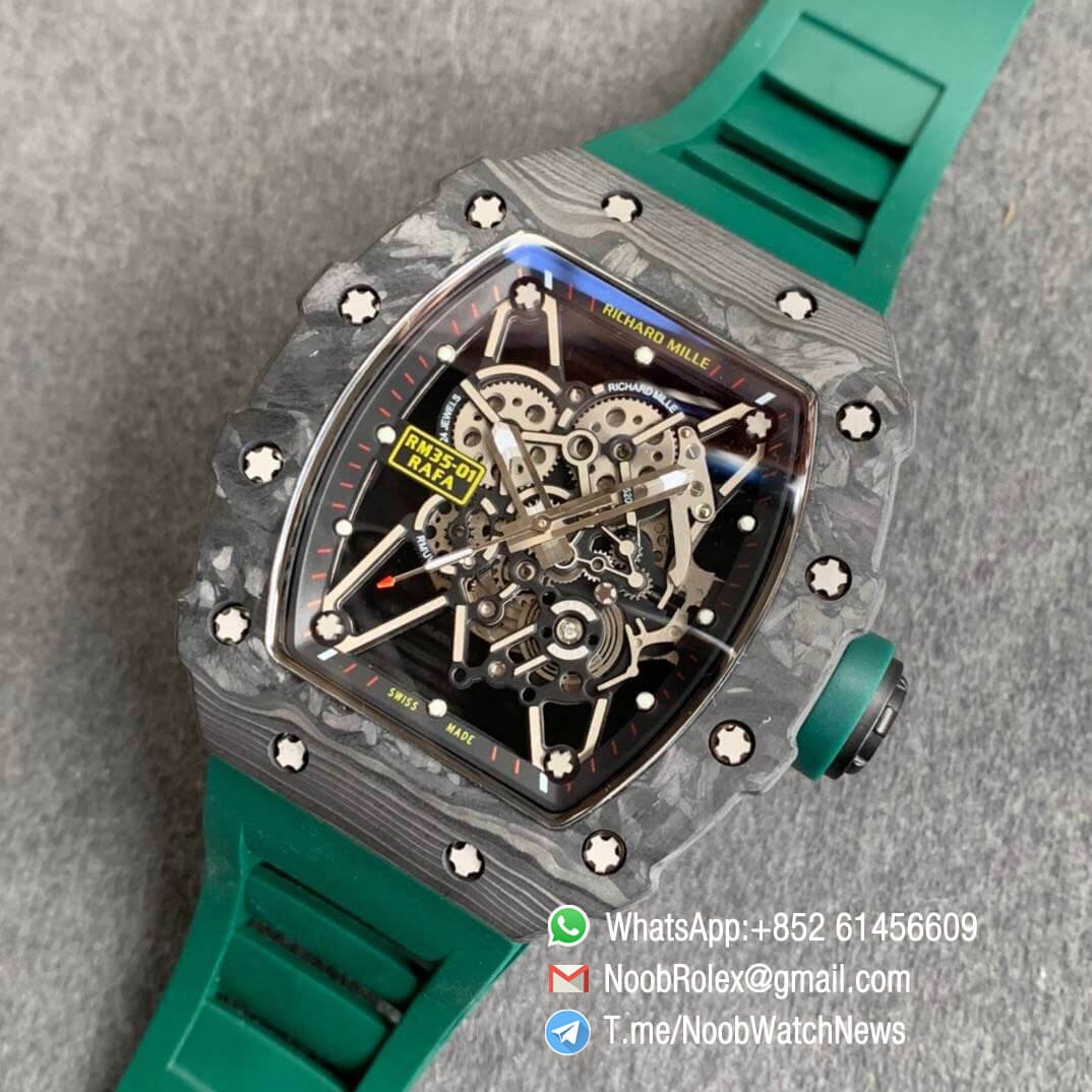 KV Factory V3 RM35 01 RAFA PVD Titanium Case Forge Carbon Caseback Skeleton Dial Green Crown Green Rubber Strap MIYOTA8215 09