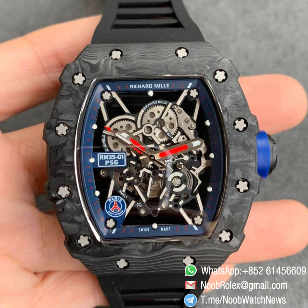 KVF V3 Paris RM35 01 PSG Limited Edition Skeleton Dial Forged Carbon Case Blue Inner Bezel Blue Crown Miyota 8215 01