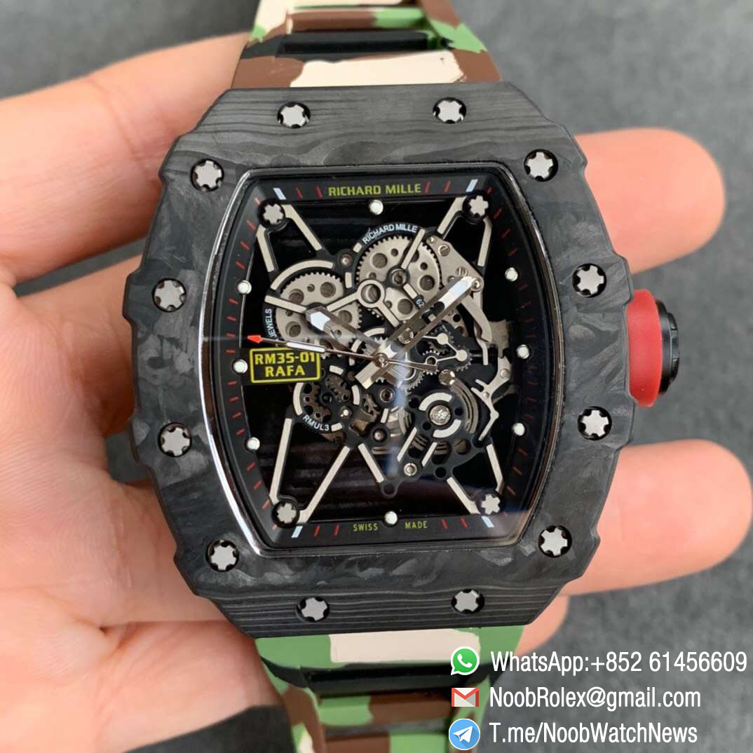 KVF V3 RM35 01 RAFA PVD Titanium Case Forge Carbon Caseback Skeleton Dial Red Crown Green Camouflage Rubber Strap MIYOTA8215 01