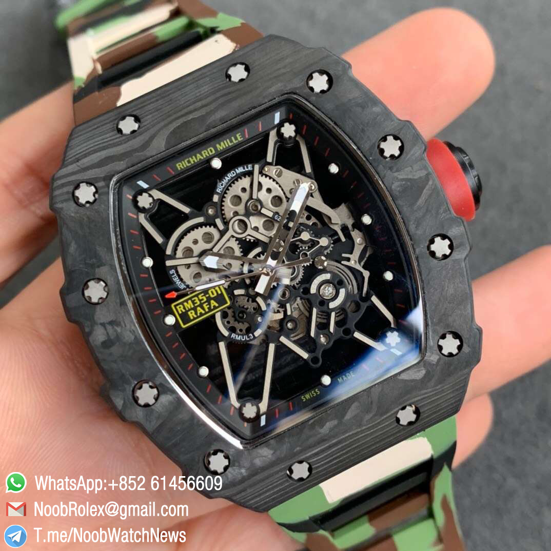 KVF V3 RM35 01 RAFA PVD Titanium Case Forge Carbon Caseback Skeleton Dial Red Crown Green Camouflage Rubber Strap MIYOTA8215 02
