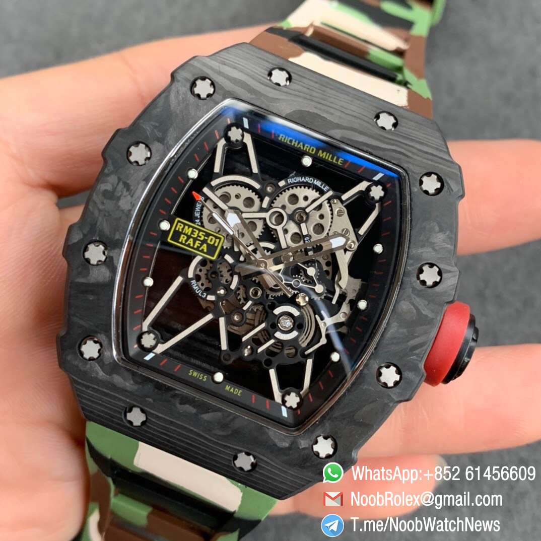 KVF V3 RM35 01 RAFA PVD Titanium Case Forge Carbon Caseback Skeleton Dial Red Crown Green Camouflage Rubber Strap MIYOTA8215 03