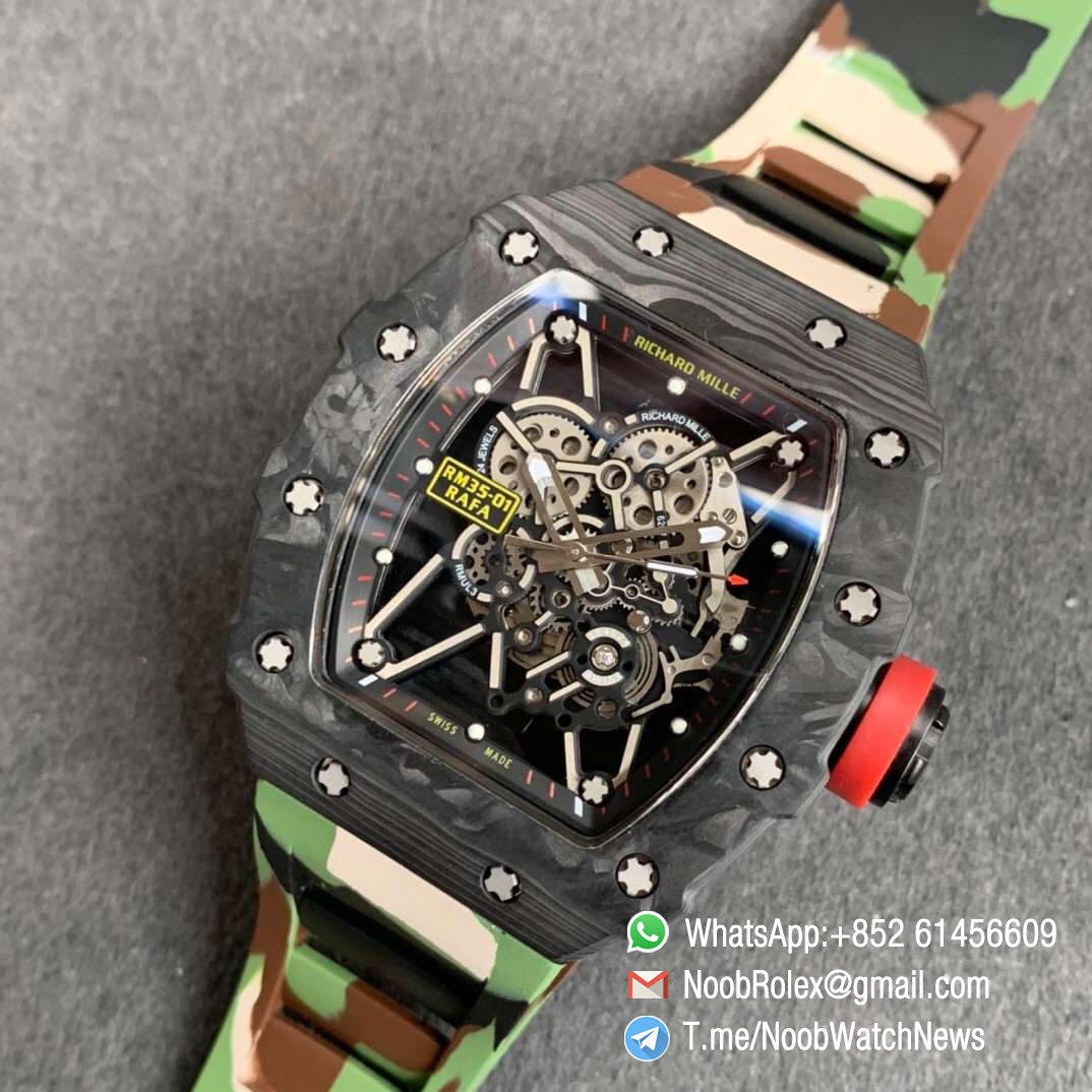 KVF V3 RM35 01 RAFA PVD Titanium Case Forge Carbon Caseback Skeleton Dial Red Crown Green Camouflage Rubber Strap MIYOTA8215 09