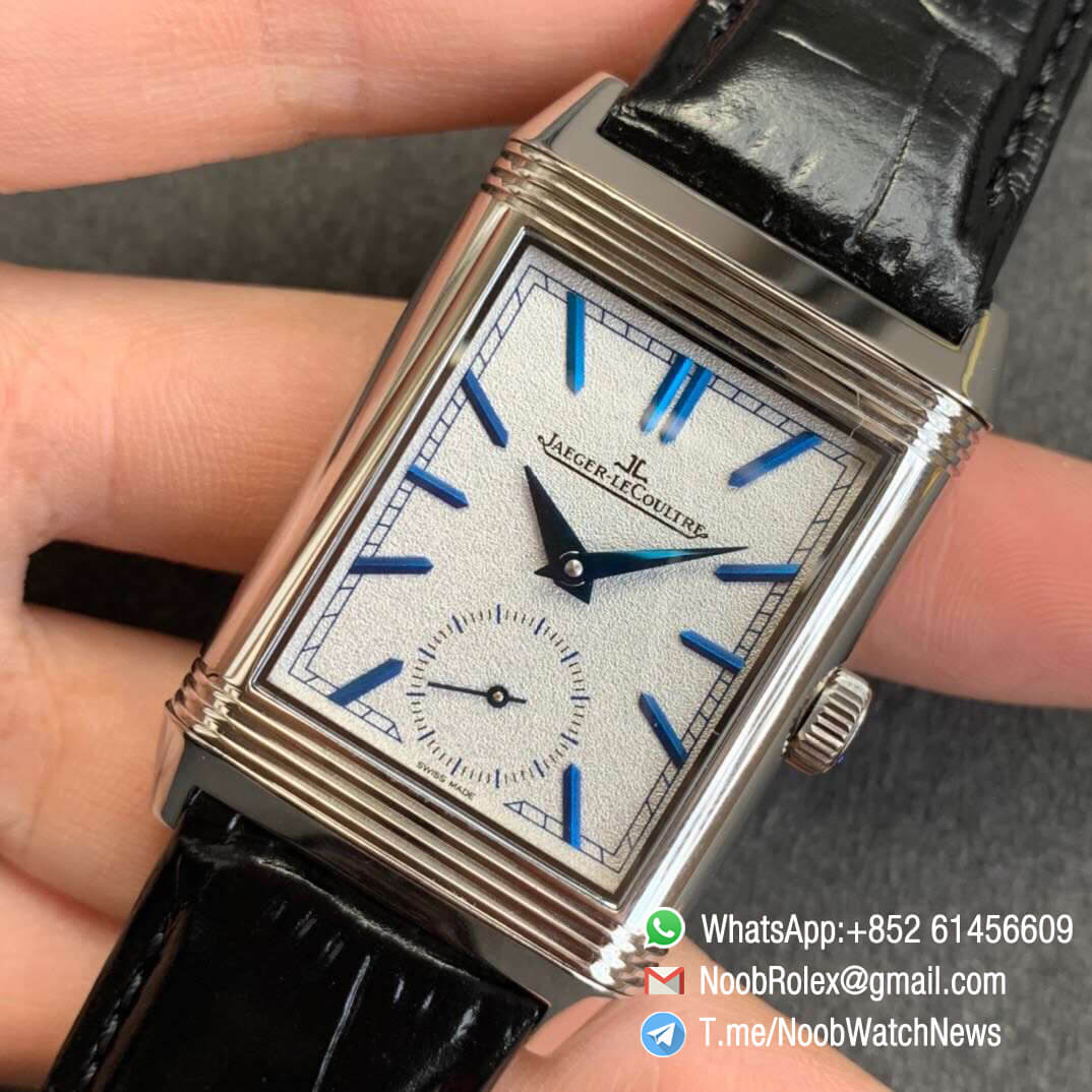 MG Factory Replica Jaeger Lecoultre Reverso Tribute Small Seconds Blue Leather Strap White Dial Blue Steel Stick Markers A854A 03
