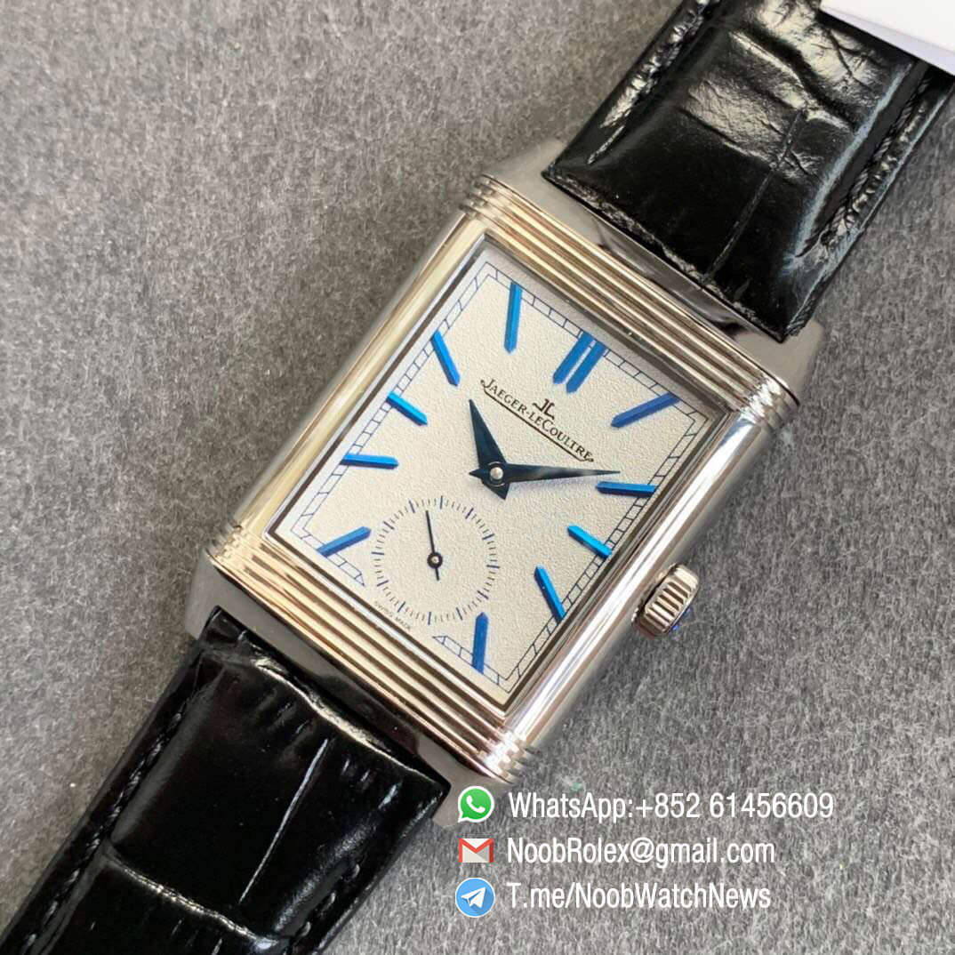 MG Factory Replica Jaeger Lecoultre Reverso Tribute Small Seconds Blue Leather Strap White Dial Blue Steel Stick Markers A854A 09