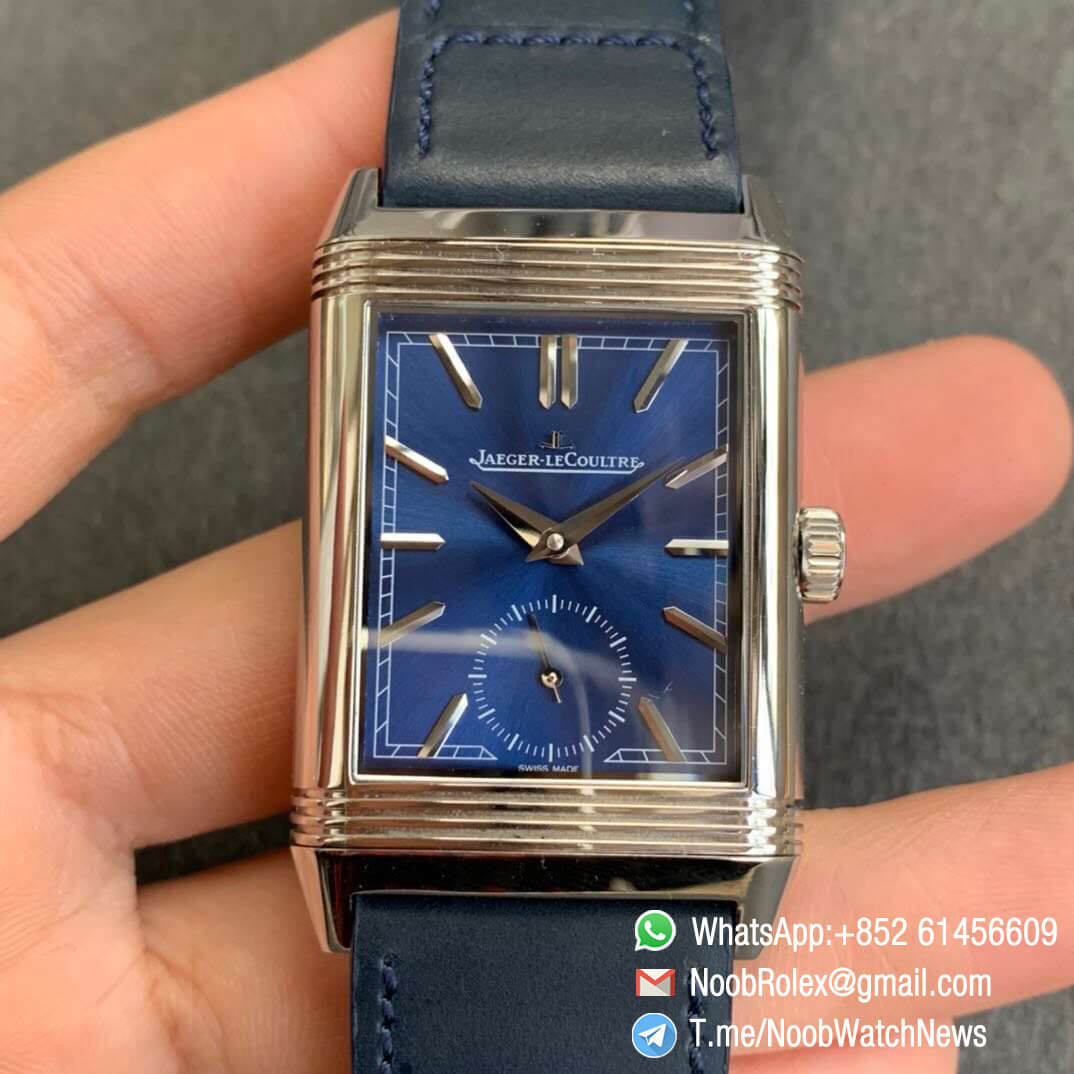 MG Factory Top Rep Watch Jaeger Lecoultre Reverso Tribute Small Seconds Steel Case Leather Strap Blue Dial A854A 01