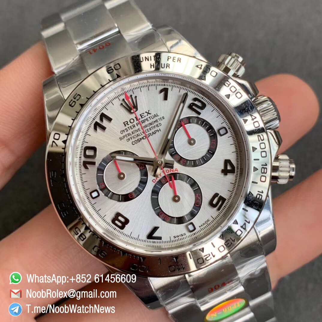 Noob Factory Rolex Daytona 116509 SA4130 V3 904L Steel Case and Bracelet Silver Dial with Red Hands Chrono Full Function 02 Noob Factory Rolex Daytona 116509 SA4130 V3 904L Steel Case and Bracelet Silver Dial with Red Hands Chrono Full Function 02