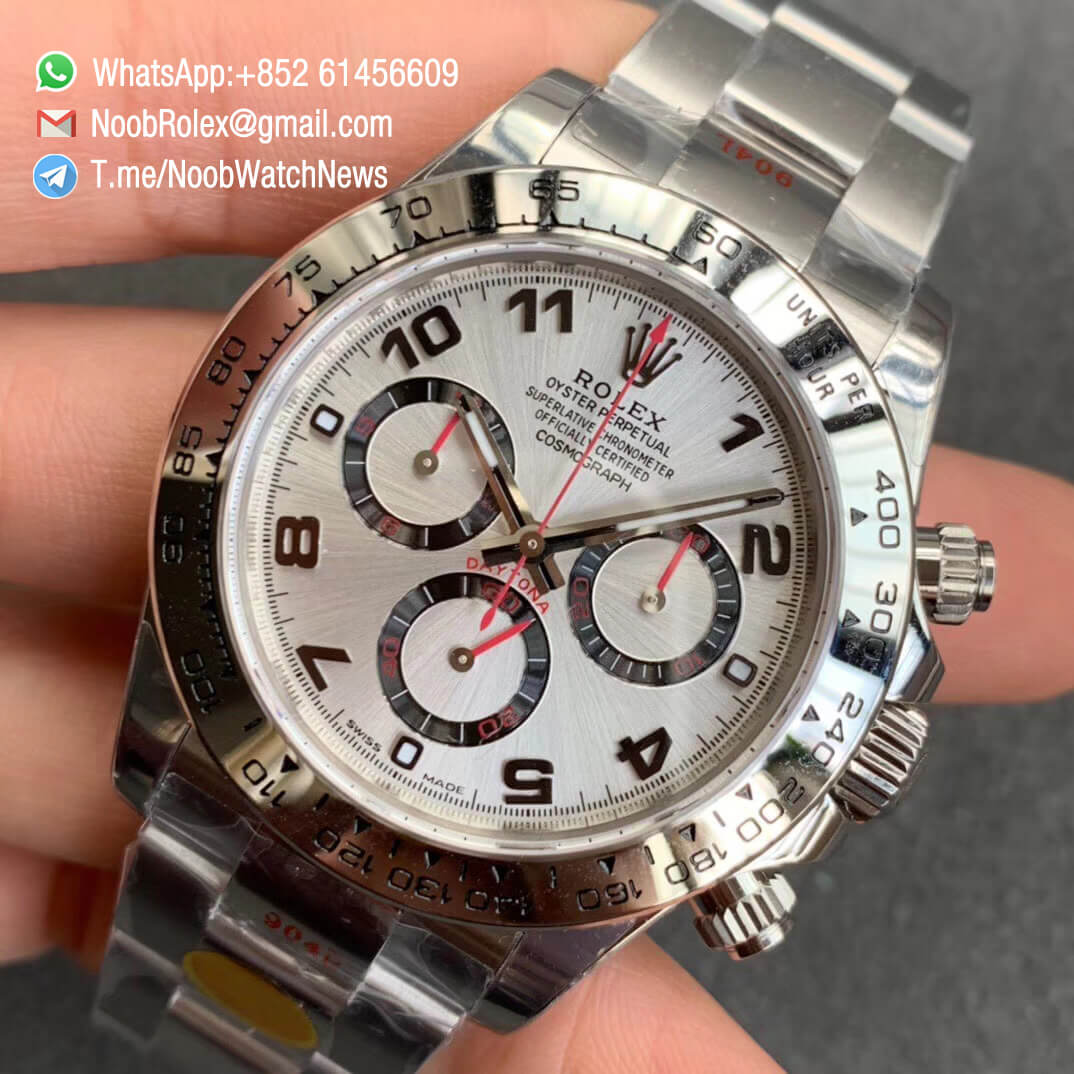 Noob Factory Rolex Daytona 116509 SA4130 V3 904L Steel Case and Bracelet Silver Dial with Red Hands Chrono Full Function 03 Noob Factory Rolex Daytona 116509 SA4130 V3 904L Steel Case and Bracelet Silver Dial with Red Hands Chrono Full Function 03