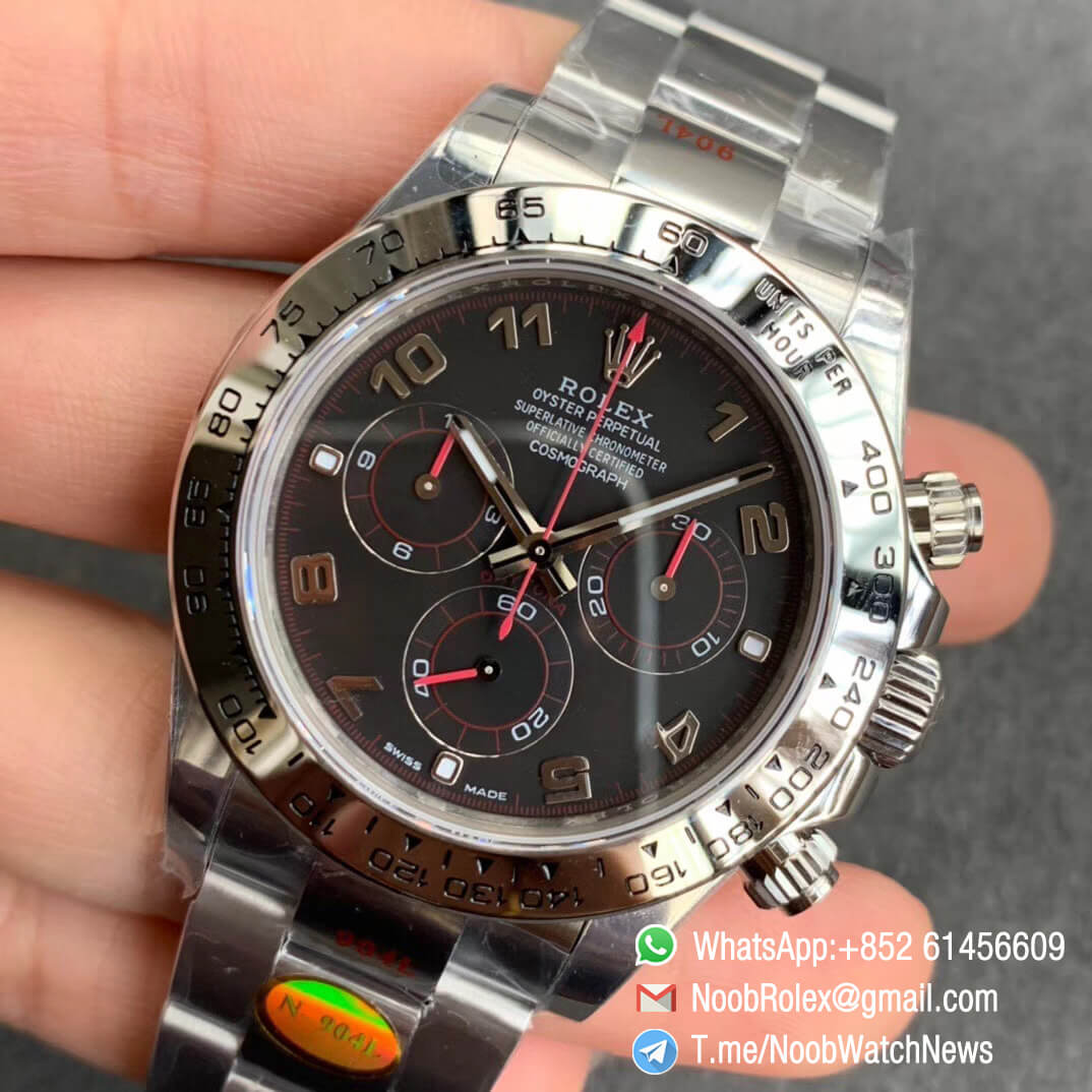 Noob Rolex Daytona Panda 116509 SA4130 V3 Super 5 Stars N904 Steel Case and Bracelet Black Dial with Red Hands Chrono Full Functions 03