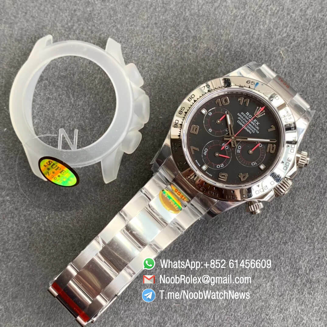 Noob Rolex Daytona Panda 116509 SA4130 V3 Super 5 Stars N904 Steel Case and Bracelet Black Dial with Red Hands Chrono Full Functions 10