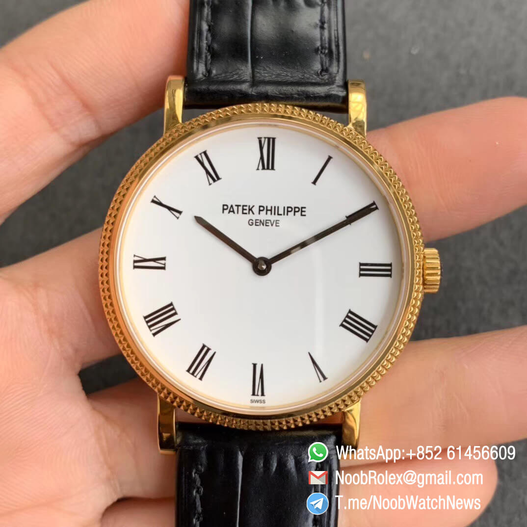 TWF Top RepWatch Patek Calatrava Ref 5120J Yellow Case White Dial with Roman Markers Black Leather Strap Asia Clone Calibre 240 01