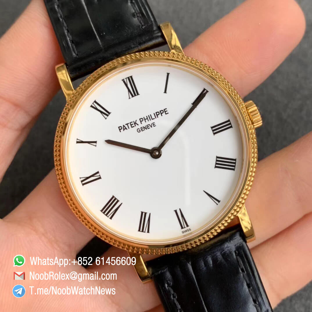 TWF Top RepWatch Patek Calatrava Ref 5120J Yellow Case White Dial with Roman Markers Black Leather Strap Asia Clone Calibre 240 02