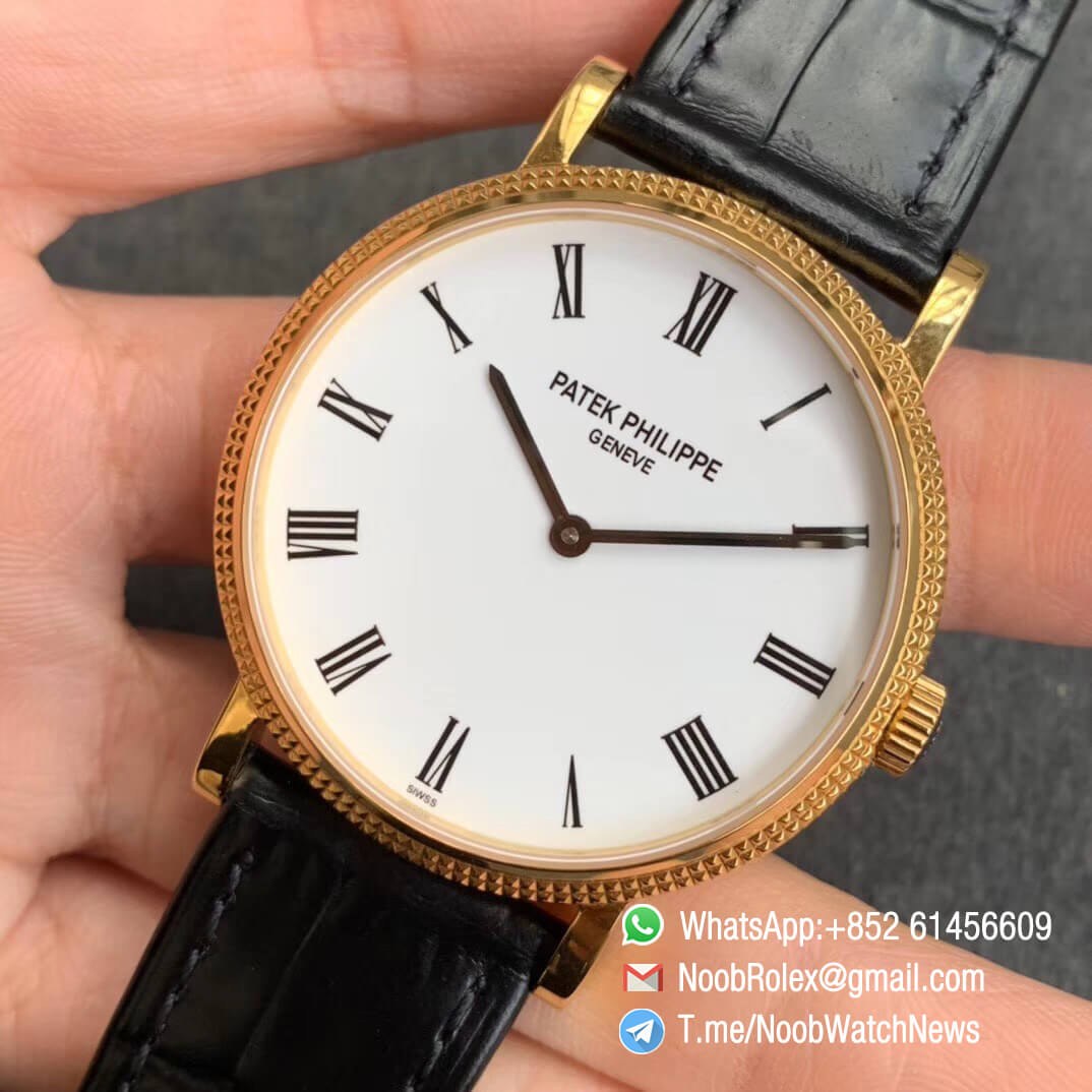 TWF Top RepWatch Patek Calatrava Ref 5120J Yellow Case White Dial with Roman Markers Black Leather Strap Asia Clone Calibre 240 03